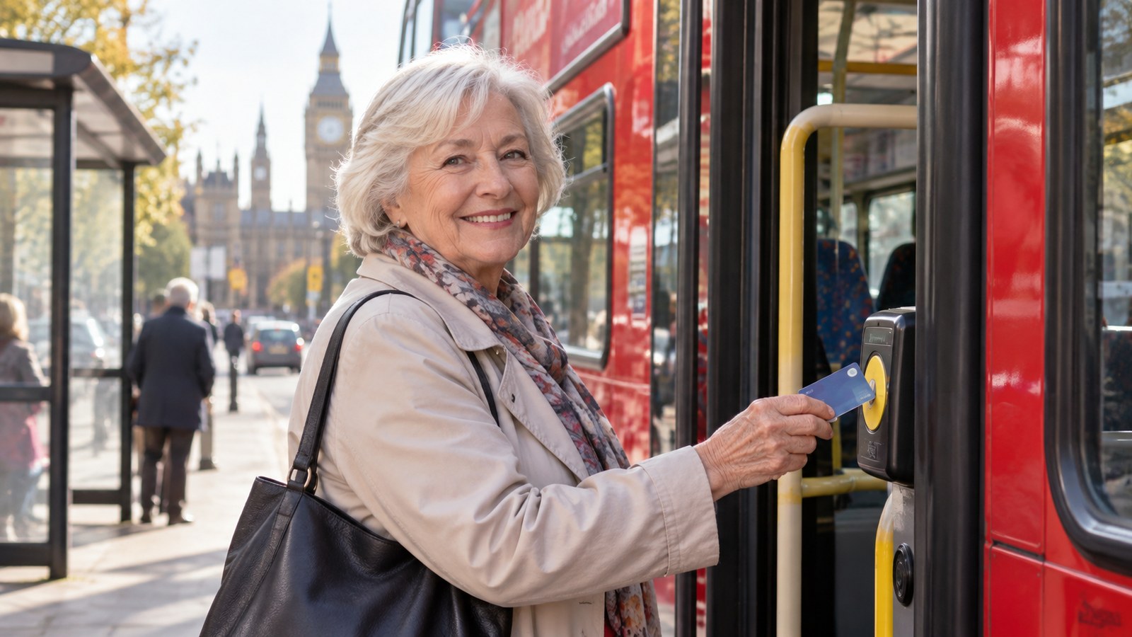 Older woman using a travel card while boarding a red double-decker bus