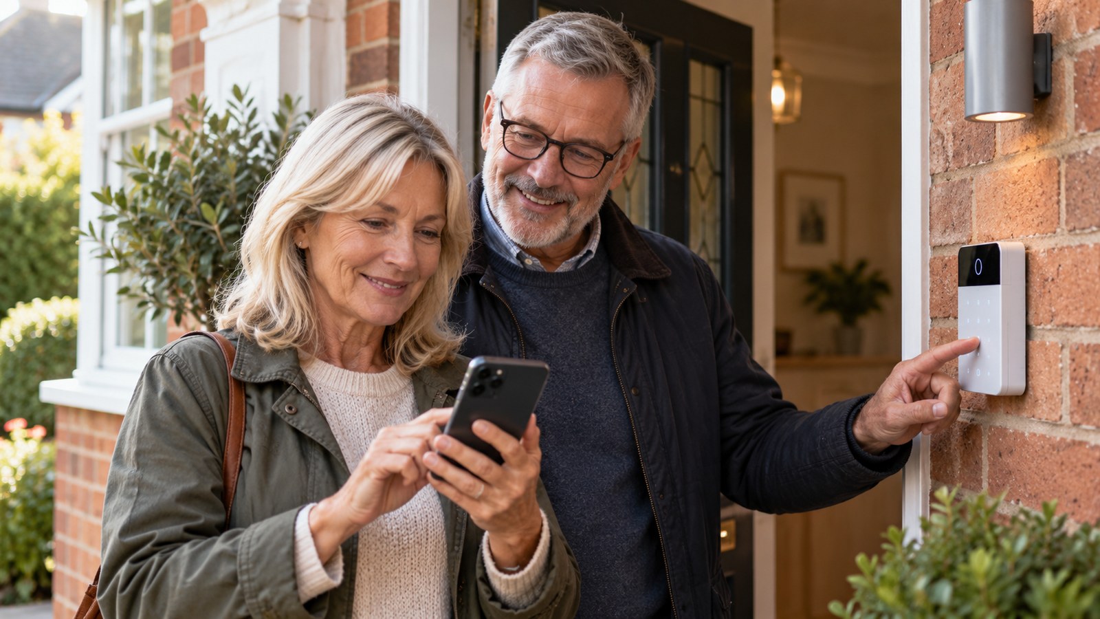 Couple using a smartphone and home security keypad at a UK home