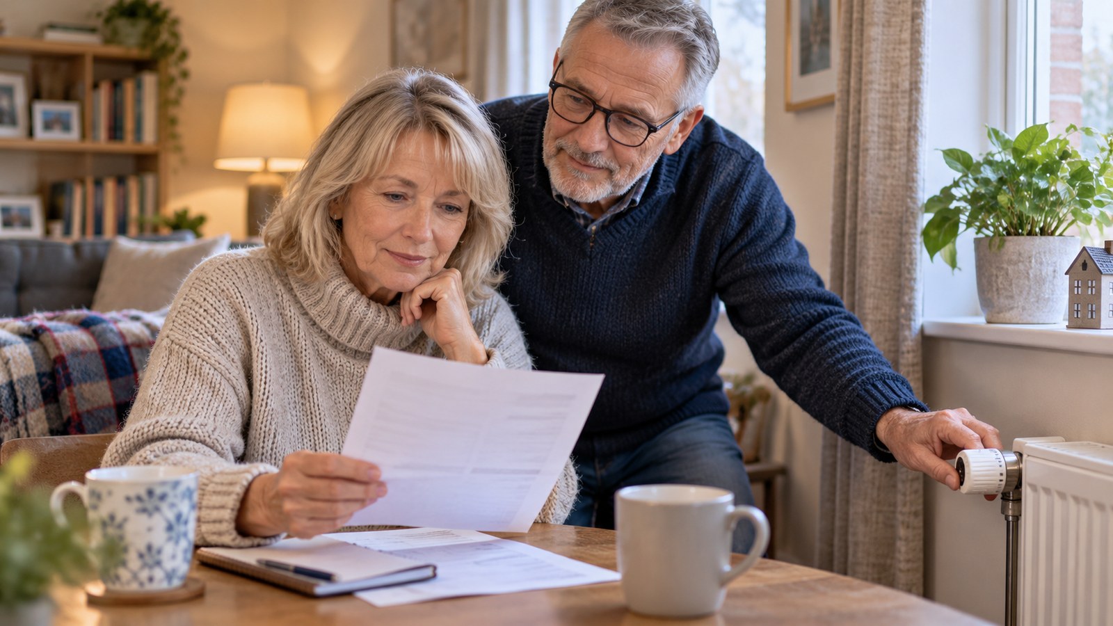Older couple reviewing household bills and adjusting a radiator control