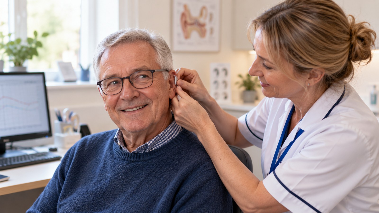 Healthcare professional fitting a hearing aid for an older man