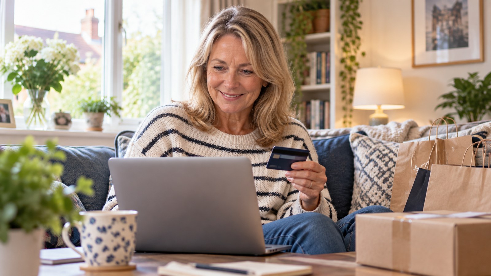 Woman shopping online with a laptop and payment card