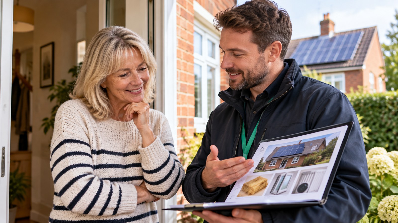 Homeowner discussing energy-efficiency improvements with an adviser