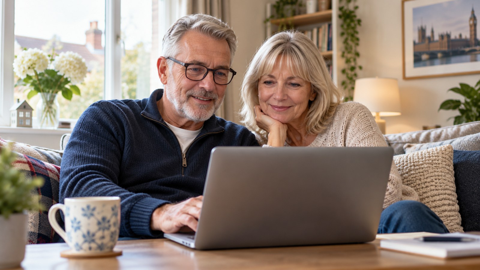 Older British couple using a laptop at home
